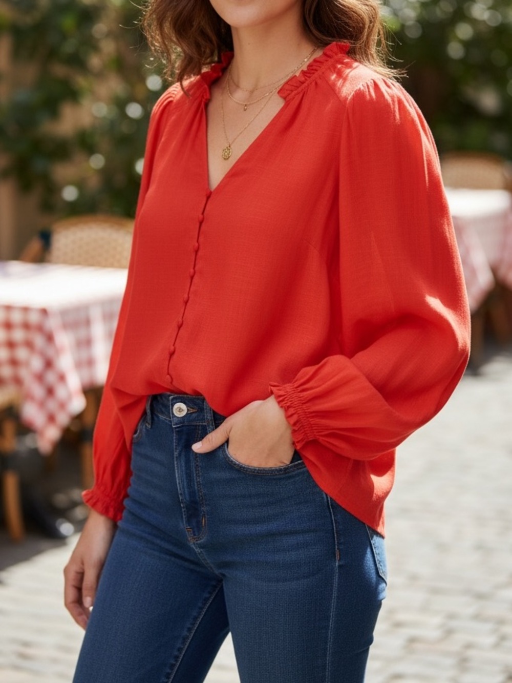 Maeve Anthropology Red V-neck Ruffle Collar Balloon Sleeve Button Blouse  Size S